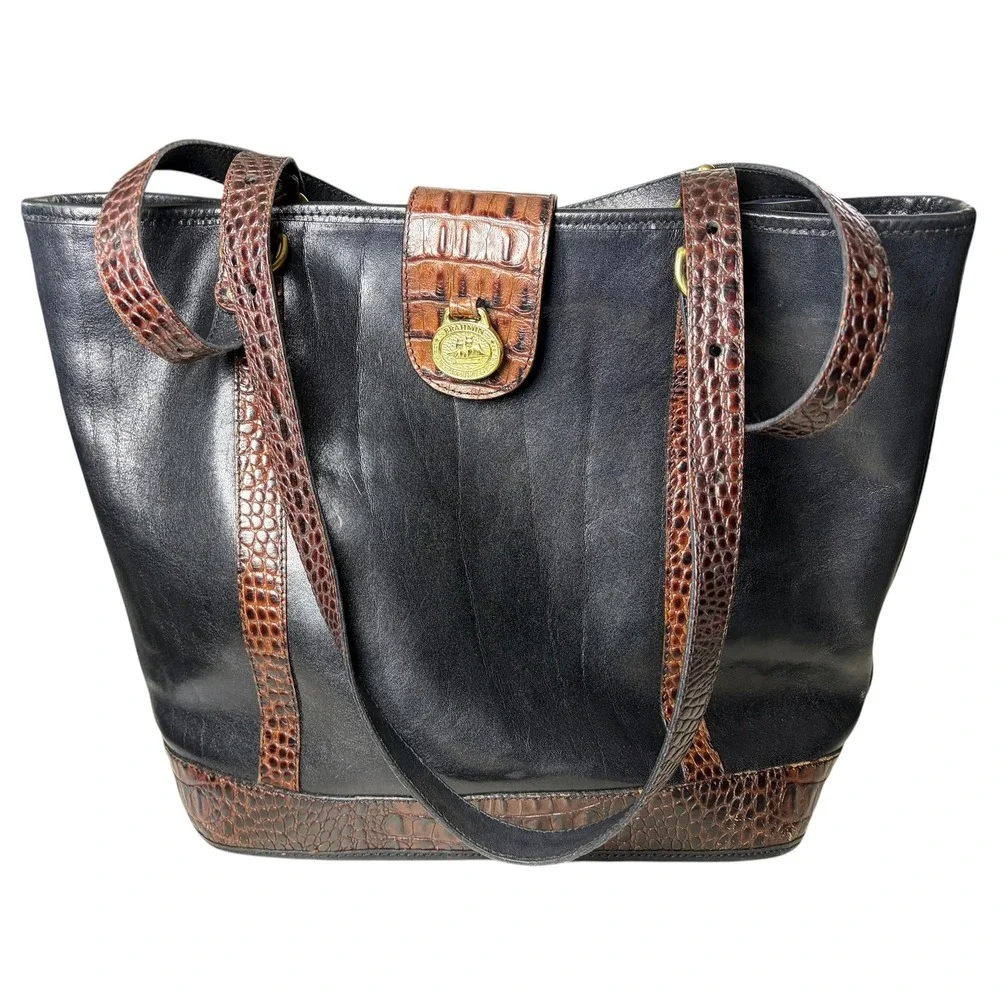 Brahmin Vintage Black Leather Croc Embossed Trim Tote Shoulder Bag Brown Accents